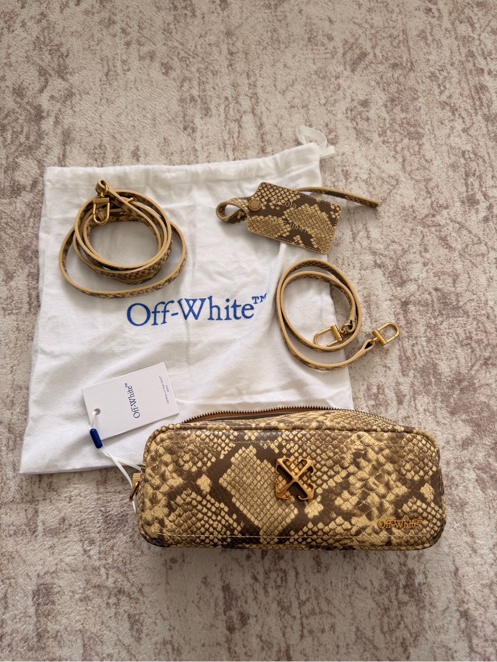 Off-White Gold Beige Snake-Print Leather Crossbody with Gold Hardware